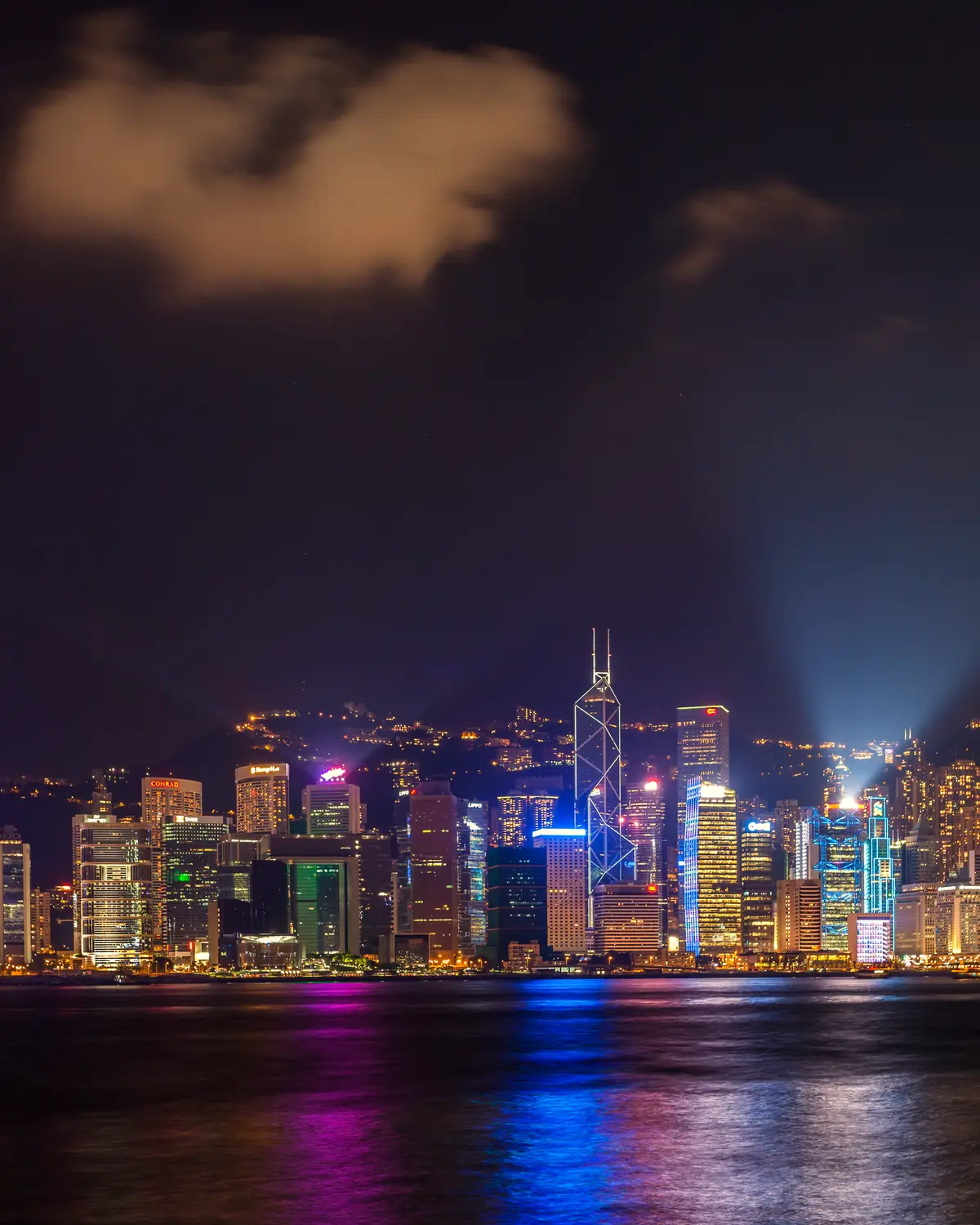 Victoria Harbour from Kowloon at dusk: the Hong Kong Island towers rising over the water
